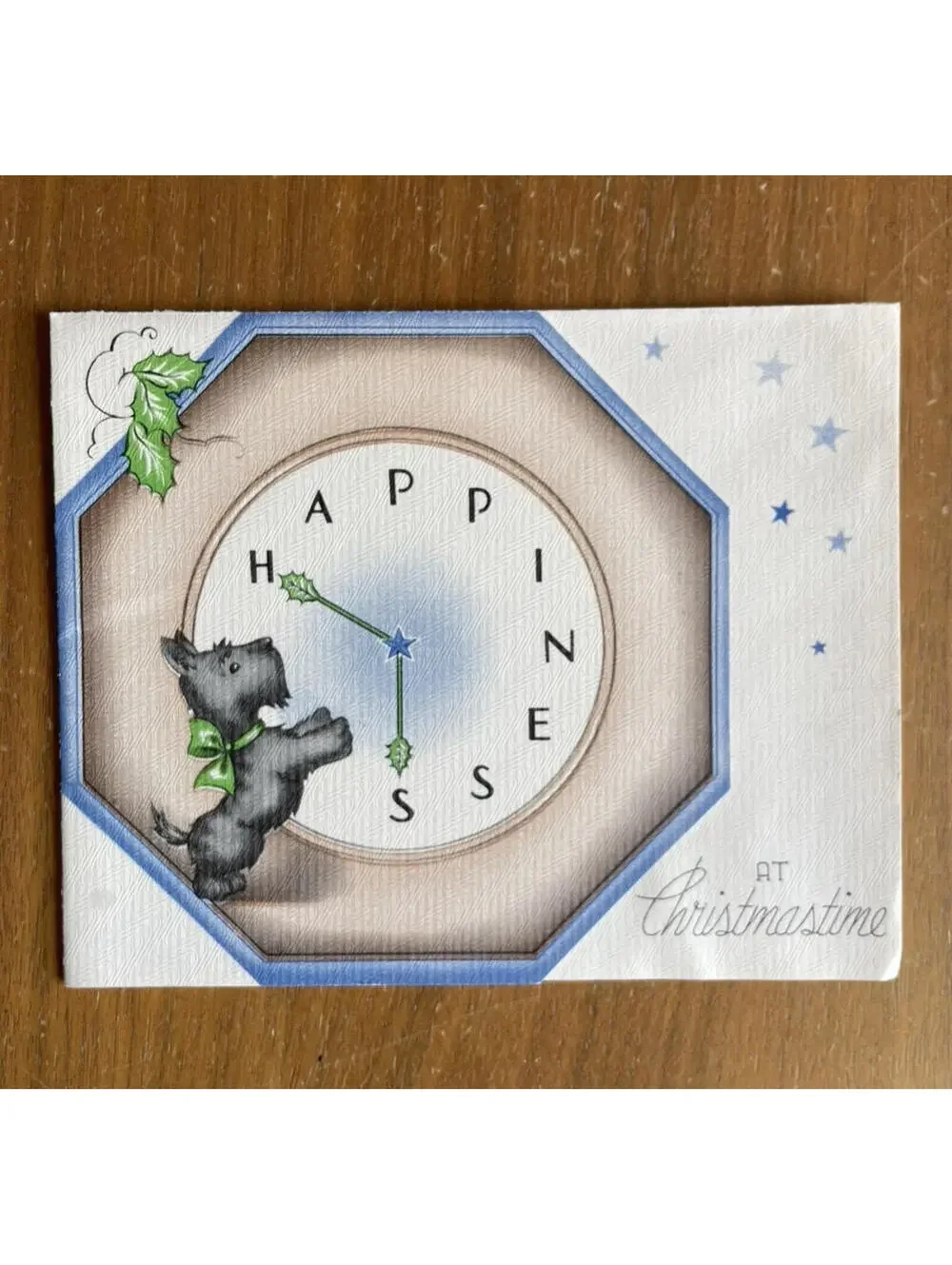Scottie Dog With Clock Happiness At Christmastime Christmas Card Vintage Card